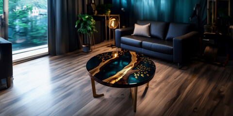 Poster - round table made of solid oak with epoxy resin and varnish. Elite furniture in luxury apartments