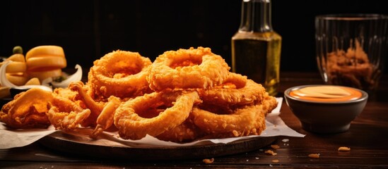 Wall Mural - Deep-fried onion rings with batter and accompanied by tortilla chips and sauce.