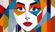 © adobedesigner - Abstract woman face colorful. Feminine abstraction poster in colorful pallette. Creative geometric female pattern in cubism style.