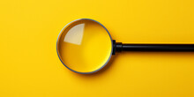 Realistic Clean And Colorful Magnifying Glass, Illustration On Bottom Left Corner Over Orange Pastel Background With Copy Space Magnifier Magnifying Exclamation Mark On Yellow Background.