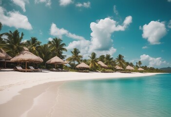 Beautiful beach with white sand turquoise ocean and blue sky with clouds on Sunny day Summer tropica