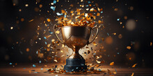 Golden Reward Trophy Prize Competition Champion First Place Mock Up  Winner Trophy With Flames, Golden Champion Cup With Falling Confetti On Dark Vertical Background.AI Generative