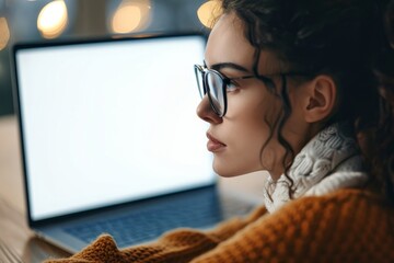 Wall Mural - Over shoulder closeup view of female student wearing glasses businesswoman looking at empty blank mockup screen for advertising, having virtual video conf. Remote e learning online work, Generative AI