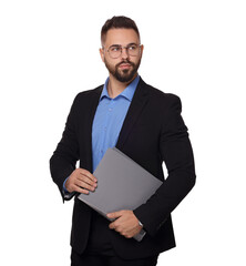 Poster - Portrait of serious man in glasses with folders on white background. Lawyer, businessman, accountant or manager