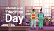 couple of rear view students with backpacks in casual clothes standing together in library education day concept full length