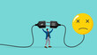© Vanz Studio - overworked or stressed at work, refresh or recover after tired at work, re charge yourself, restore enthusiasm for work, recharge mood, businessman connect plug with bad mood icon to power socket