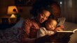 
Lifestyle scenes of a mother reading a bedtime story to her child, creating a cozy and nurturing atmosphere in the family setting,