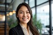 Confident smiling young professional Asian business woman corporate leader, happy japanese female employee, company sales marketing manager, standing in office, headshot, Generative AI
