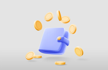Poster - Money Saving icon concept. Finance Wallet, Golden coins floating around wallet on isolate yellow background, 3d vector illustration
