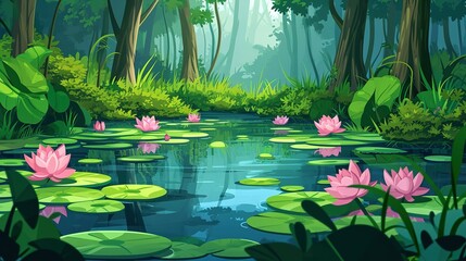 Wall Mural - Forest summer landscape with water lilies on lake surface. Cartoon vector jungle wetland scenery with green grass and bushes, tree trunks on shore of pond with pink lotus flowers and leaf pad