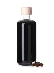 Bottle with coffee liqueur and beans isolated on white