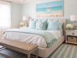 A serene coastal-themed bedroom with a nautical color scheme featuring shades of blue and white.