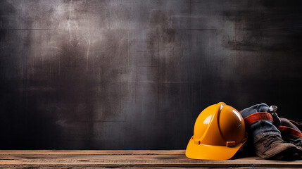 hardhat hammer wrench and other worn dirty tools on dark background