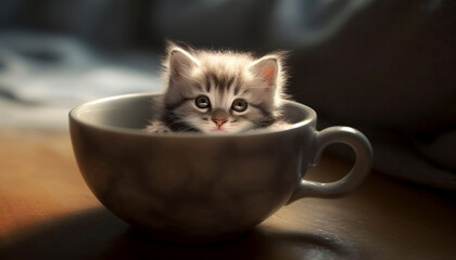 Poster - Cute kitten sitting on table, looking at camera curiously generated by AI