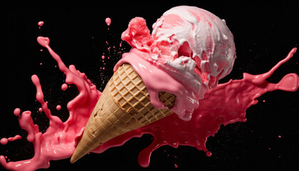 Sticker - Abstract strawberry ice cream cone melts into a sweet summer treat generated by AI