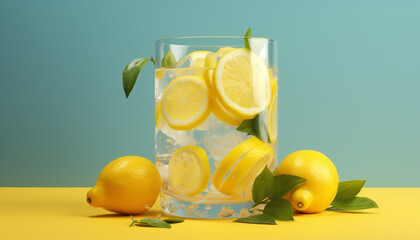 Poster - Fresh lemon slice on a green leaf, refreshing summer drink generated by AI