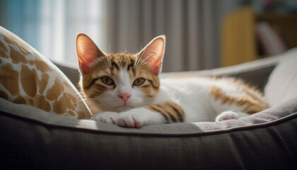 Poster - Cute kitten sleeping on soft pillow, staring with yellow eyes generated by AI