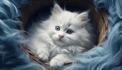 Poster - Cute kitten with blue eyes, fluffy fur, playful and charming generated by AI