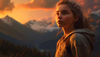 Sticker - Young woman hiking in the mountains, enjoying the sunset generated by AI