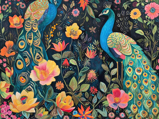 Poetic Classic and Hand Painted Retro Vintage Style Fine Art canvas for wallpaper and background with Colorful Peacocks, birds, Flowers and plants, Nature-inspired and floral botanical, ornamental