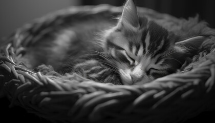 Poster - Cute kitten sleeping in a basket, surrounded by nature generated by AI