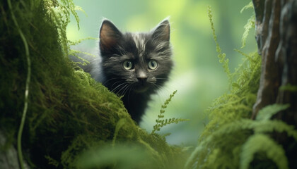 Sticker - Cute kitten sitting in grass, staring with curious blue eyes generated by AI