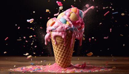 Sticker - Falling confetti, ice cream cone, birthday party, strawberry delight generated by AI