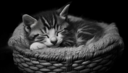 Poster - Cute kitten sleeping, fur softness, black and white, whisker portrait generated by AI