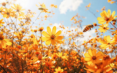 Wall Mural - honey bees and flowers in a golden hazy light