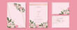 Pink rose vector wedding invitation card set template with flowers and leaves watercolor. Watercolor wedding invitation template with arrangement flower and leaves