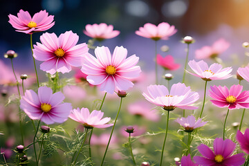 Wall Mural - the illusion of summer wildflowers blooming under the sun: beautiful cosmos flowers and daisy genera