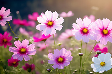 Wall Mural - the illusion of summer wildflowers blooming under the sun: beautiful cosmos flowers and daisy genera