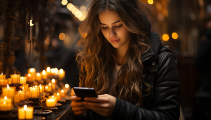 Sticker - Young woman smiling, holding a mobile phone, texting outdoors at night generated by AI