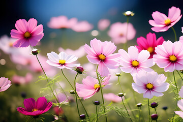 Wall Mural - the illusion of summer wildflowers blooming under the sun: beautiful cosmos flowers and daisy genera