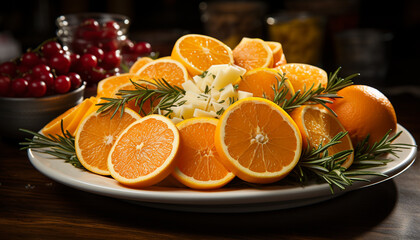 Canvas Print - Freshness of citrus fruit on wooden table generated by AI