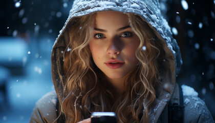 Sticker - Young adult Caucasian woman smiling, looking at camera in winter generated by AI