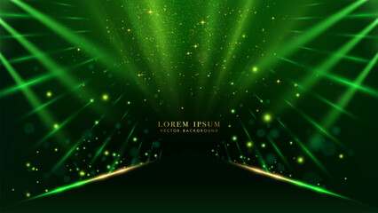 Wall Mural - abstract glowing green light rays with sparkle effect on dark green background