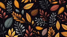 Autumn Seamless Pattern With Different Leaves And Plants On Black Background