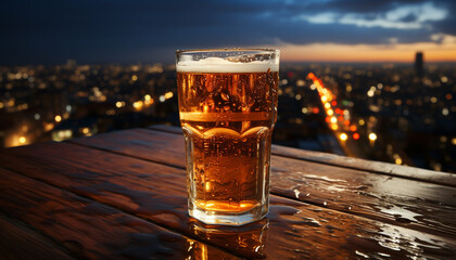 Wall Mural - Nighttime cityscape, bar table, beer glass, urban skyline, drinking establishment generated by AI