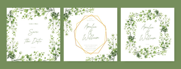 Sticker - White jasmine artistic wedding invitation card template set with flower decorations. Wedding floral watercolor background with square post template and social media