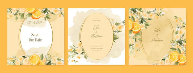 Fototapete - Yellow cosmos and lemon wedding invitation card template with flower and floral watercolor texture vector. Wedding floral watercolor background with square post template and social media