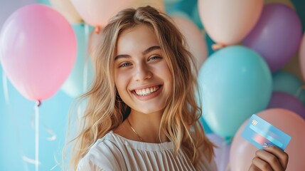 Portrait of a beautiful young woman standing against the background of balloons, holding credit card