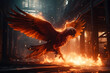 a glowing fire phoenix facing forward flying through a brutalist environment