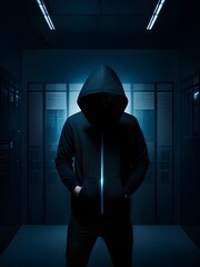 hacker with hood and mask in dark background