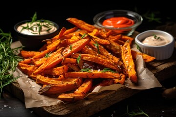 Poster - Homemade oven roasted sweet potato fries served with mayo and ketchup