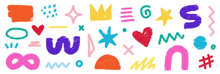 Fototapete - Abstract element shape set. Color graphic modern abstract sticker element. Doodle geometric collage star, crown, heart shape set. Hand drawn texture grunge brush modern effect. Vector illustration