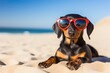 © LimeSky - A gorgeous dachshund, with a black and tan coat, relaxing in the sand at the beach during a summer vacation, adorned with stylish red sunglasses.