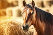Beautiful bay horse eating dry harvested hay on a warm summer day illuminated by sunlight Farm livestock feeding
