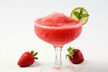 Sticker - A margarita glass containing a frozen strawberry margarita cocktail, set apart against a white background.