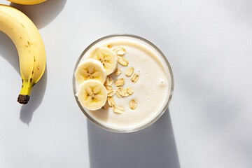 Poster - A photograph showcasing a glass of banana oats smoothie or vanilla milkshake placed on a vibrant marble background.